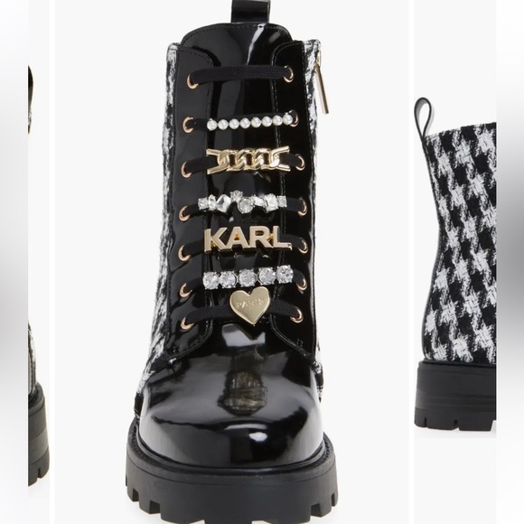 Karl Lagerfeld Black and White Houndstooth Combat Boots - Picture 3 of 6